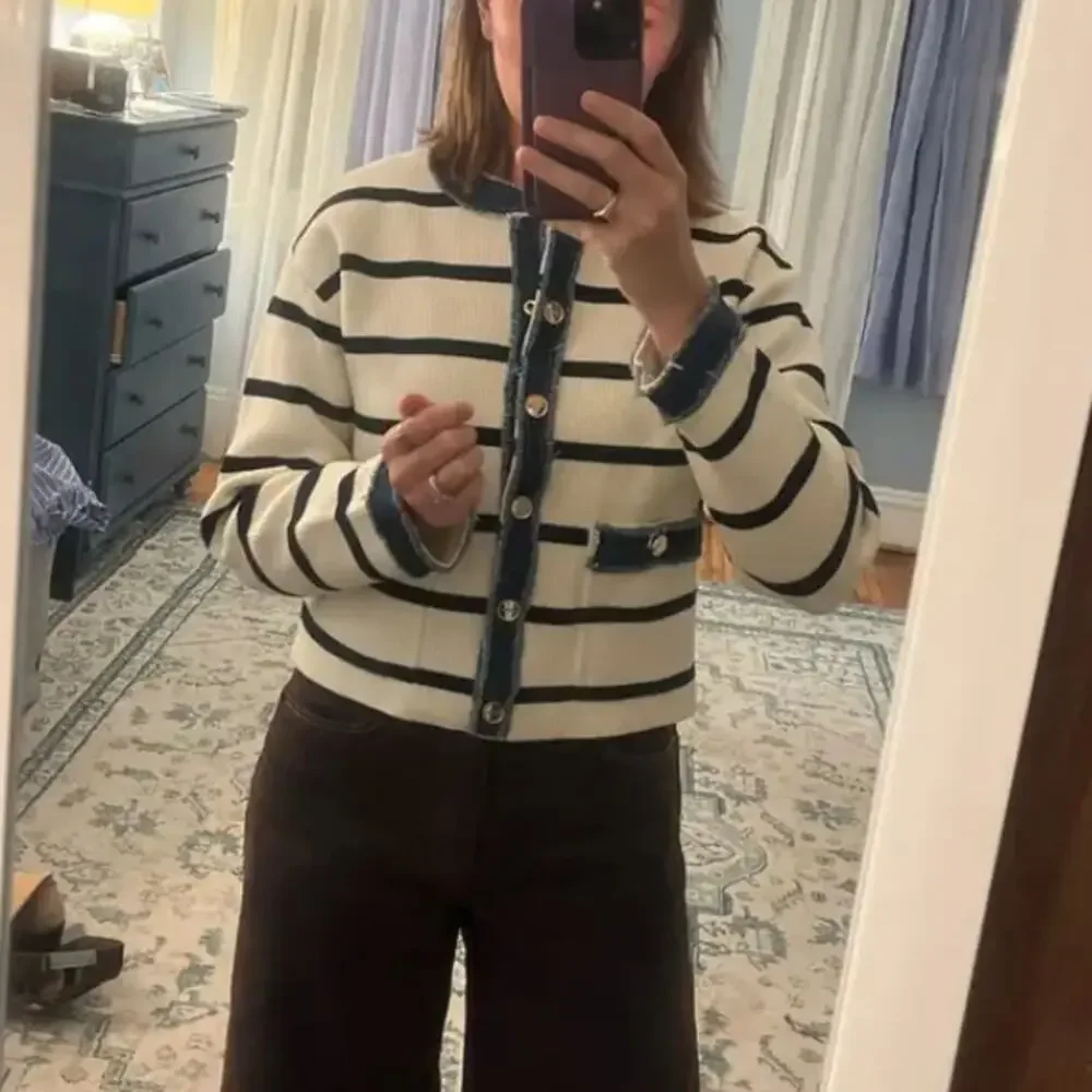 Sandro White Blue Stripe Cardigan SIZE 4  Lady Jacket Denim Preppy Designer $368